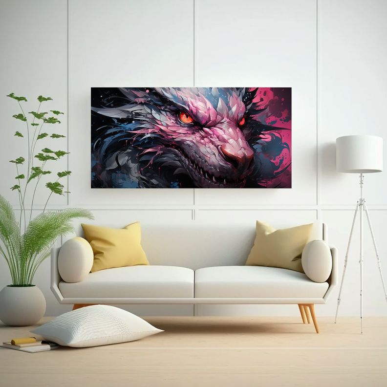 Cuadro único: Dragón En Negro Y Rosa, Ambiente N 60x30cm-2