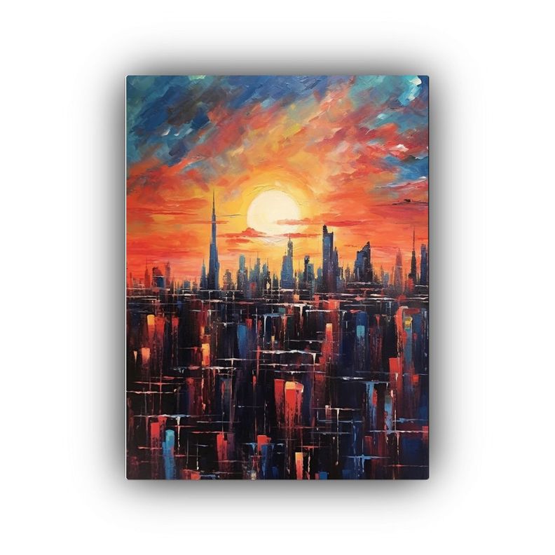 Pintura Acrílica Ciudad Con Cielo Nocturno, Arte Decorativo 20x30cm-0