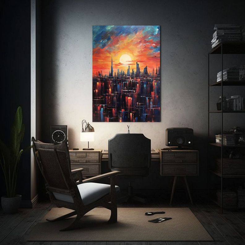 Pintura Acrílica Ciudad Con Cielo Nocturno, Arte Decorativo 20x30cm-2