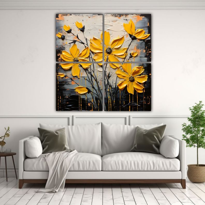 Cuadro De Flores Amarillas Y Negras En Tela 60x60 Cm-2
