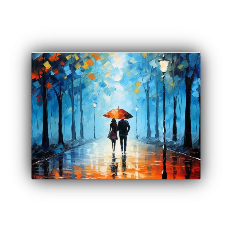 Pareja Con Paraguas Paseando Bajo La Lluvia En árbol. 40x30cm-0