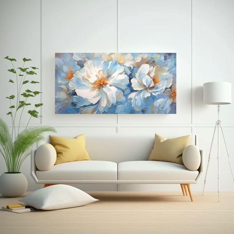 Pintura Floral 3D Con Efecto Visual En Cuadro Azul 80x40cm-2