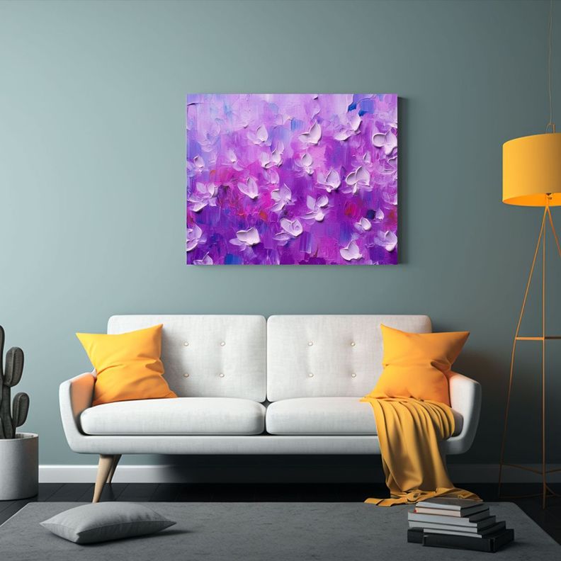 Cuadro Floral Abstracto Con Diminutas Flores Lila En Primer  75x50cm-2