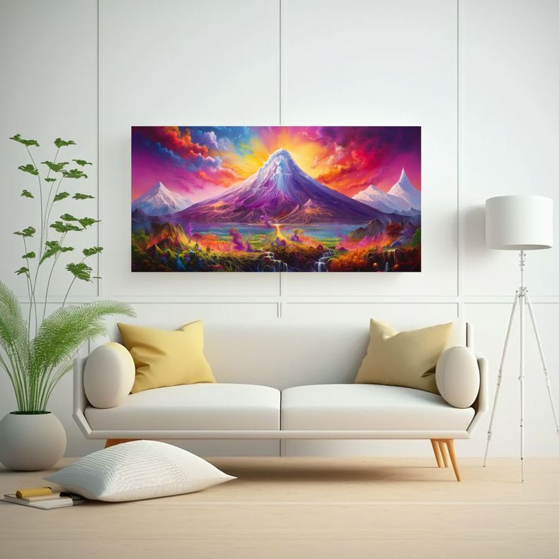 Pintura Abstracta Acuarela Volcán Y Arcoíris 120x60cm-2