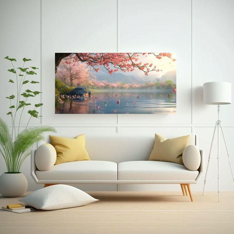 Cuadro Paisaje Acuático Flores Durazno Detalle 100x50cm-2