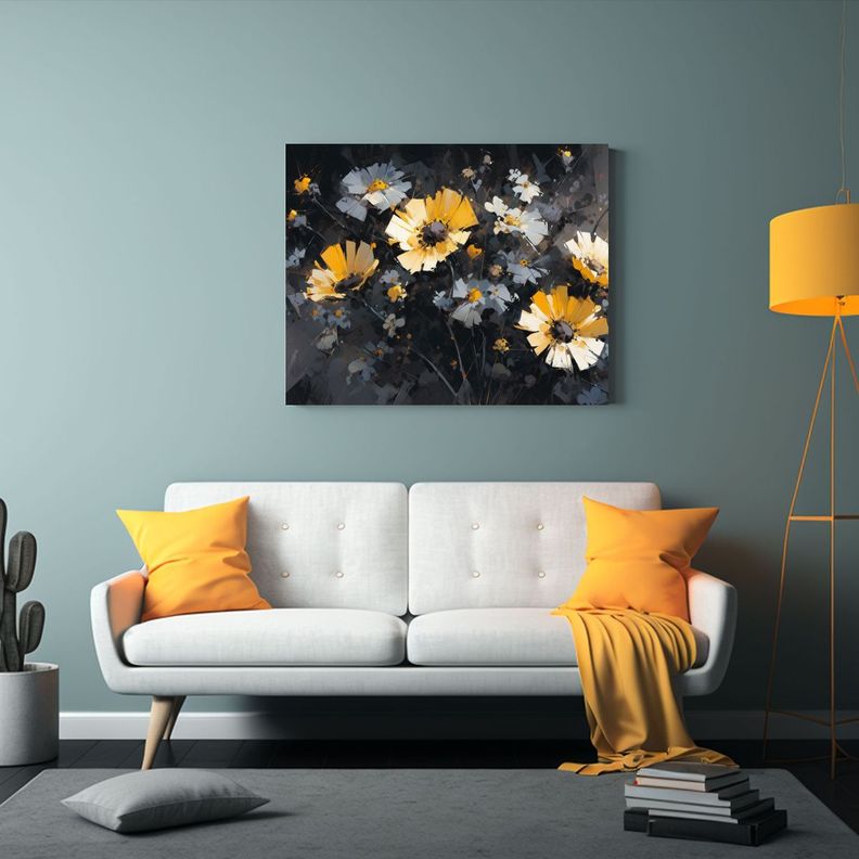 Pintura Vintage De Flores Amarillas Y Negras En Lienzo. 40x30cm-2