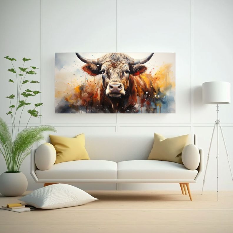 Pintura Acuarela Moderna Exclusiva De Vaca 80x40 Cm-2
