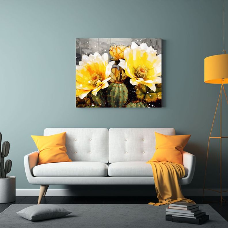 Cuadro Decorativo Tela Con Cactus En Amarillo Y Blanco Estil 75x50cm-2