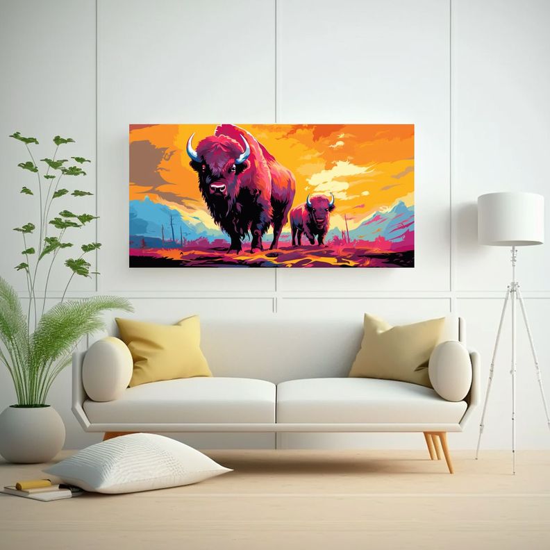 Arte Gráfico Bison Y Búfalo En Colores Vívidos 140x70cm-2