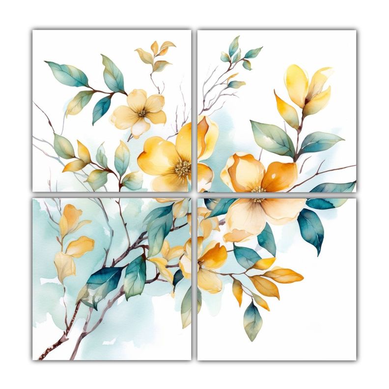 Cuatro Lienzos Ramas Clásicas Acuarela Flores De 180x180 Cm-0
