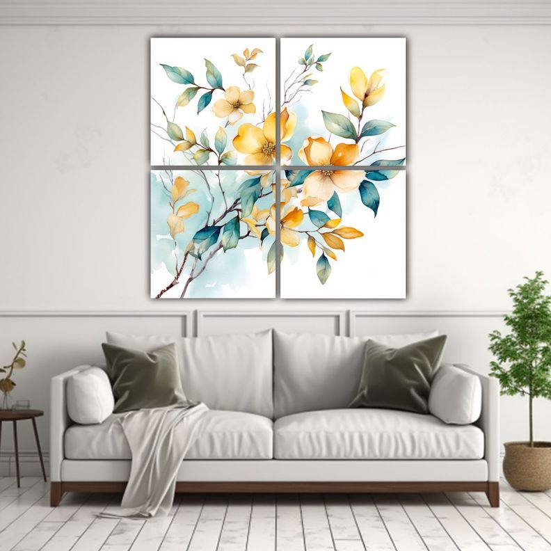 Cuatro Lienzos Ramas Clásicas Acuarela Flores De 180x180 Cm-2