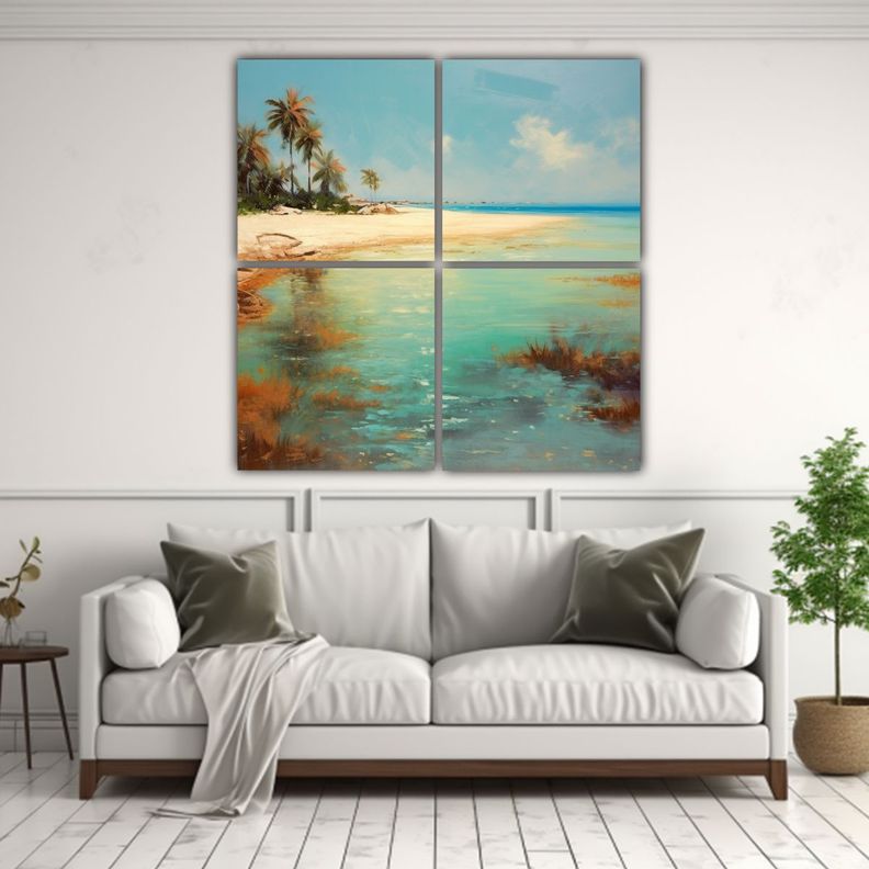 Cuadro Baño Oasis Playa Pintura Al Estilo Óleo, 60x60 Cm-2