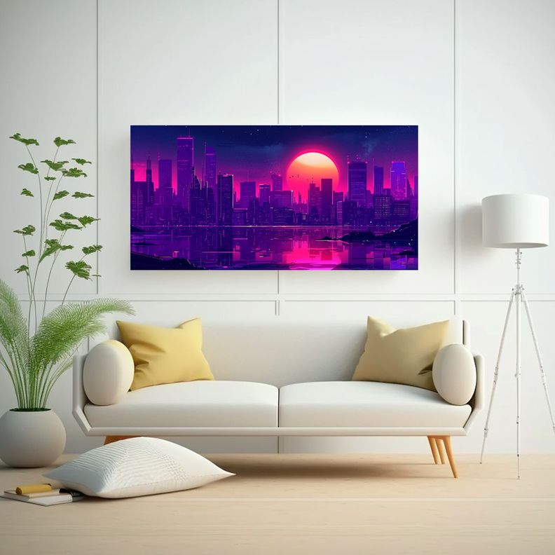Cuadros Decorativos De Ciudad Cyberpunk En Tonos 140x70cm-2