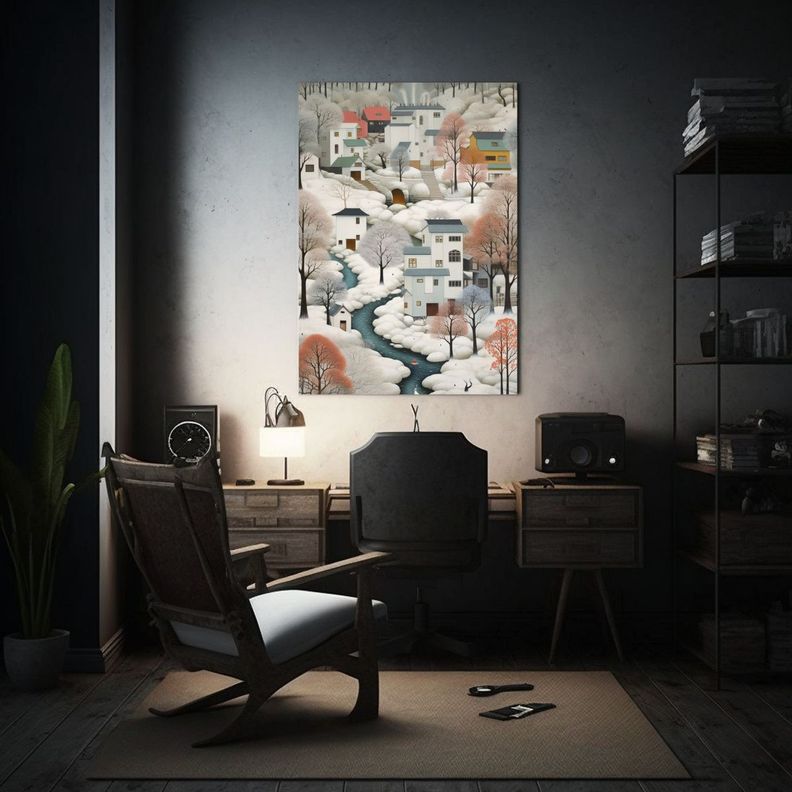 Paisaje Invernal Con Casas Blancas En Pendientes: 60x90cm-2
