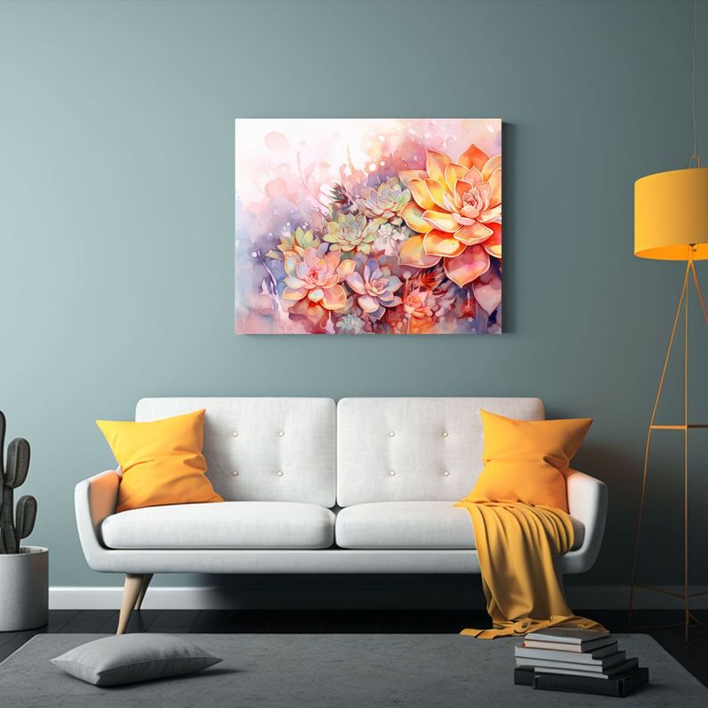 Pinturas Abstractas De Suculentas Y Flores En Colores Naranj 75x50cm-2