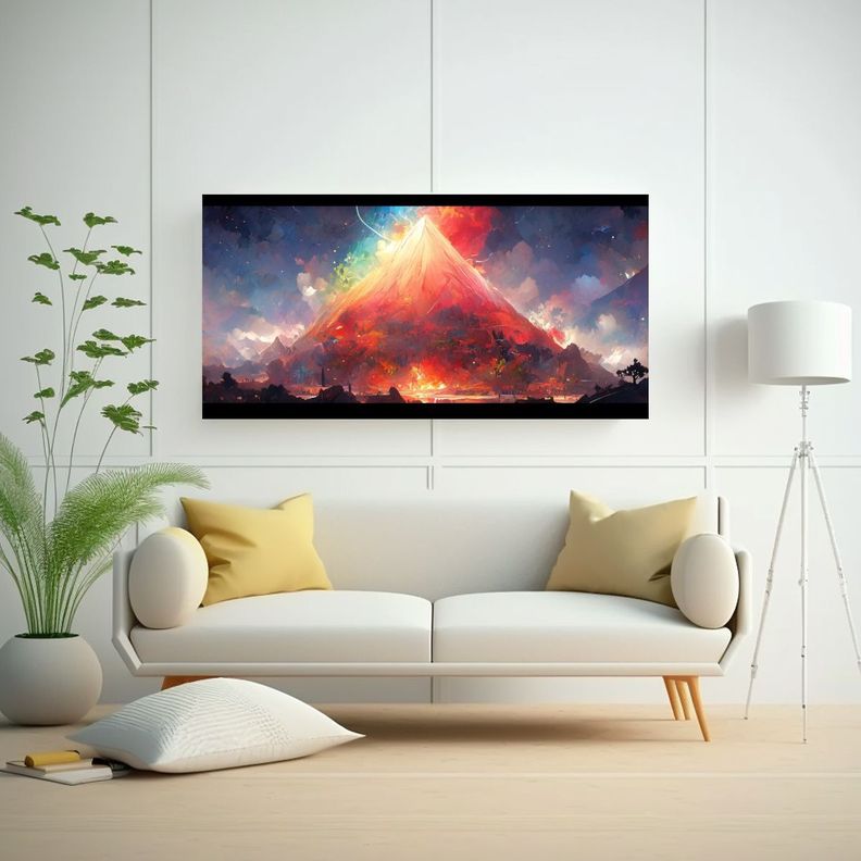 Pintura Abstracta De Colores Acuarela: Volcán Con 80x40cm-2