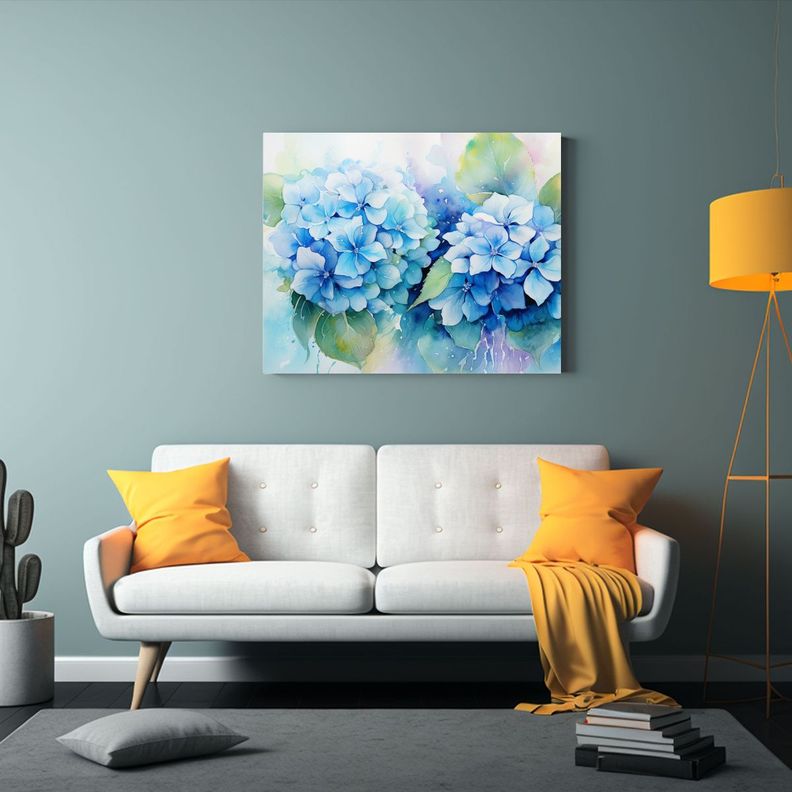 Pintura Mural Hermosa De Hortensias En Tonos Turquesa Y Azul 30x20cm-2