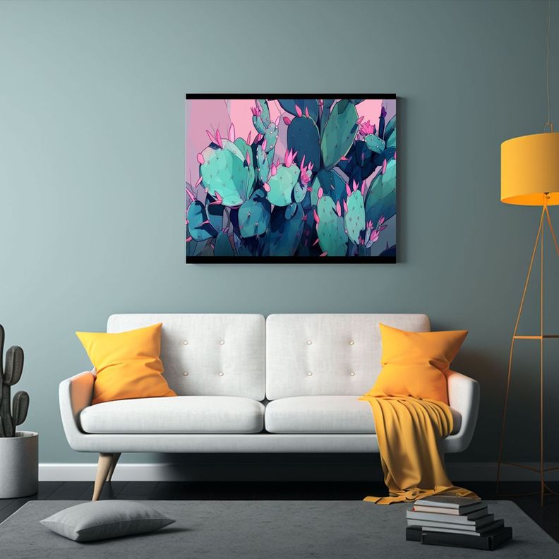 Cuadro Acuarela Poder A Cactus Plantas En Colores Vibrantes  65x50cm-2