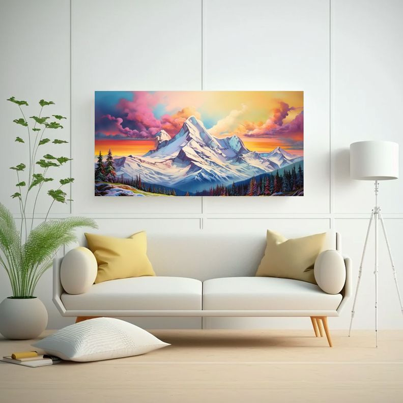 Pintura Abstracta De Montañas Nevadas Con Arcoír 80x40cm-2