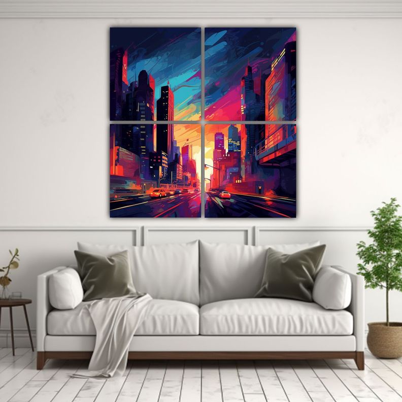Cuatro Cuadros Nocturnos Con Colores Y Luces 180x180 Cm-2