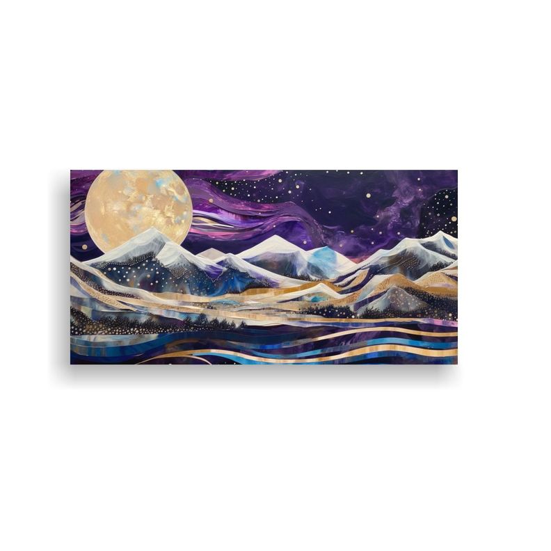Pintura Paisaje Nocturno Con Luna Y Montañas: 60x30cm-0