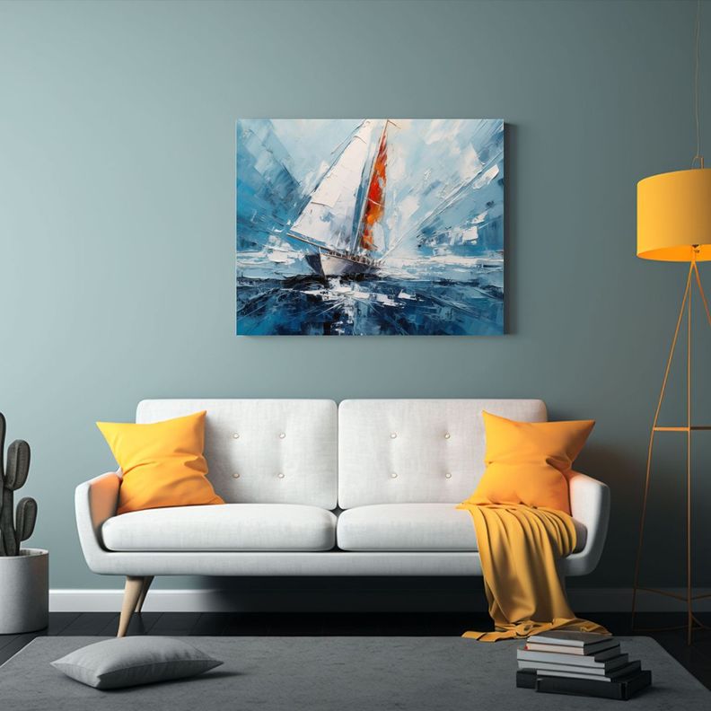 Pintura Al óleo Navío Vela Moderno Cuchillo Blanco Lienzo  50x40cm-2