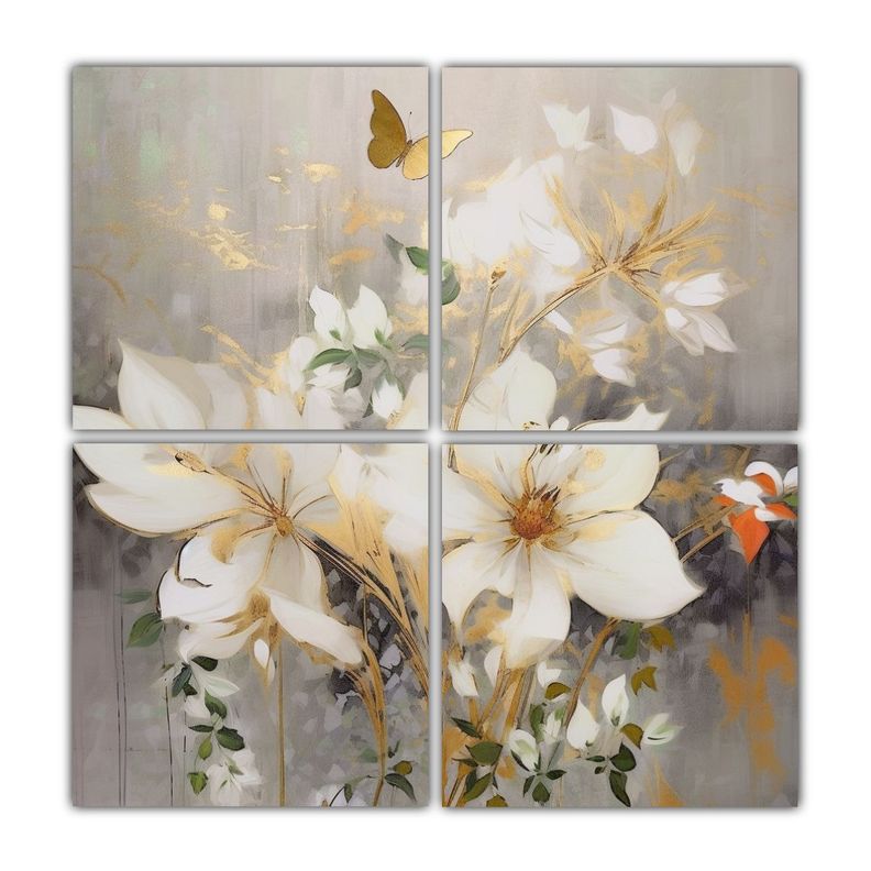 Cuatro Artes De Pared Patron Floral Blanco Y Oro 120x120 Cm