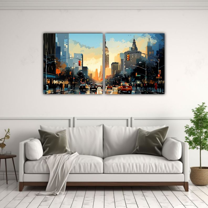 Diptico Horizontal Profundidad Morning NYC Estilo 60x30 Cm-2