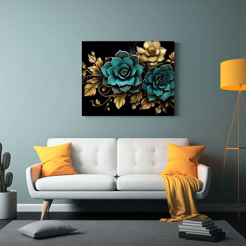 Cuadro De Tela Temática Suculentas En Turquesa Y Oro Neonoi 30x20cm-2