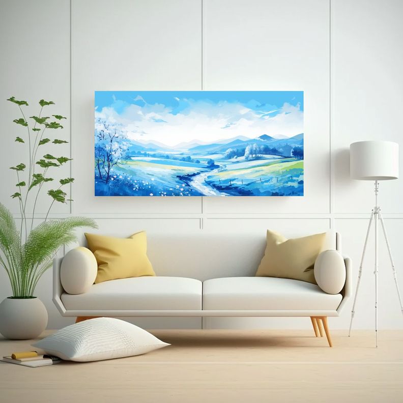 Paisaje Primaveral Con Colores Azules En Arte Pop  140x70cm-2