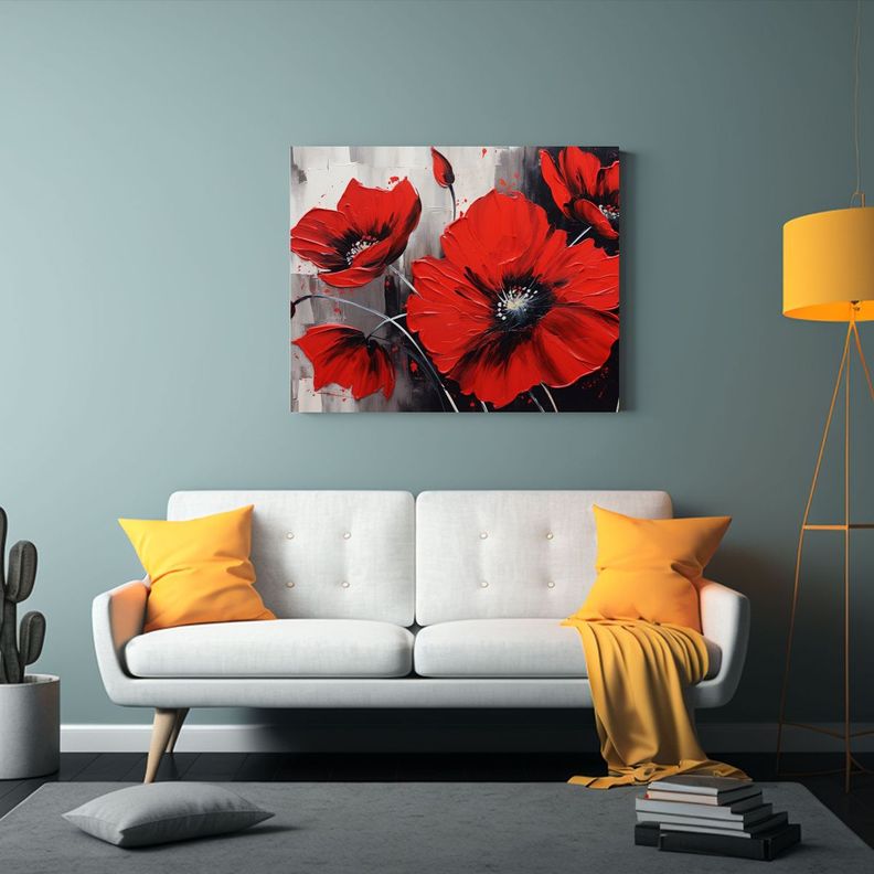 Cuadro Floral En Lienzo: Pintura De Flores Rojas Y Negras En 30x20cm-2