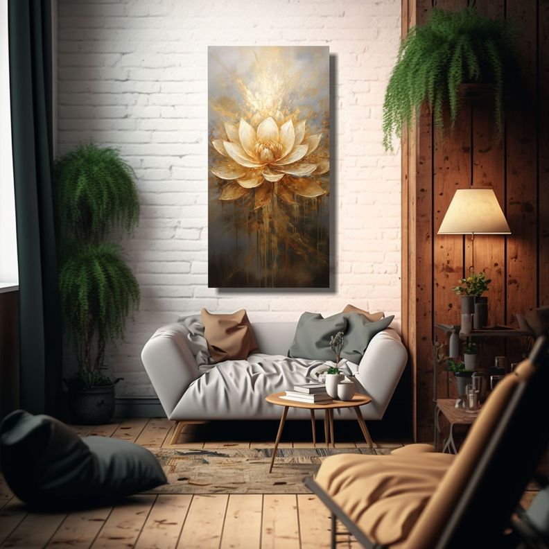 Cuadro Calidos Minimalismo Con Loto Dorado En 40x80cm-2
