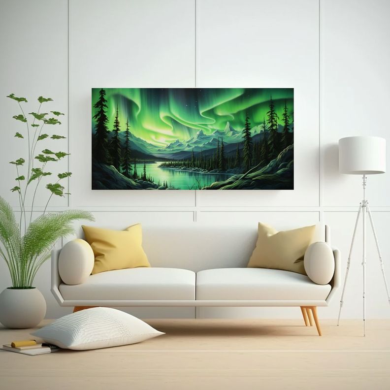 Cuadro Abstracto Verde Luces Del Norte Para Decora 140x70cm-2