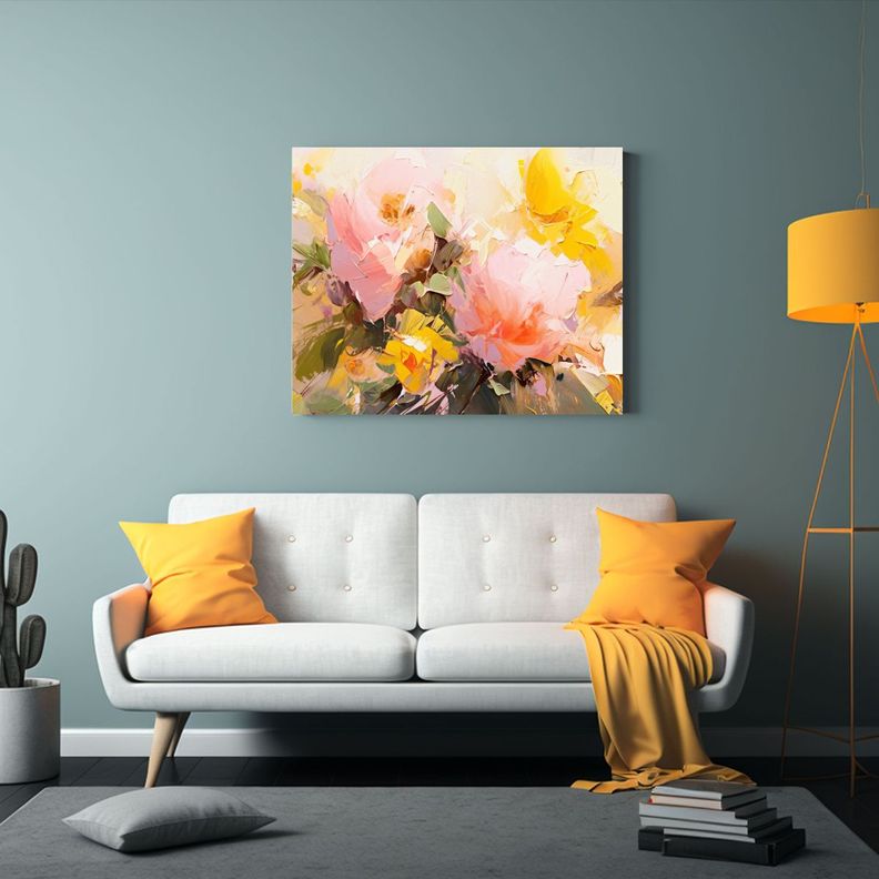 1 Cuadro Creativa Exuberantes Flores Amarillas Y Rosas Sobre 90x60cm-2