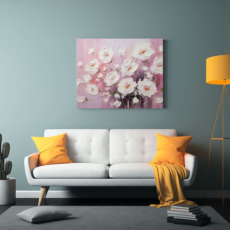 Pintura En Lienzo De Flores Blancas Y Rosas Arte Diseño Ful 90x60cm-2