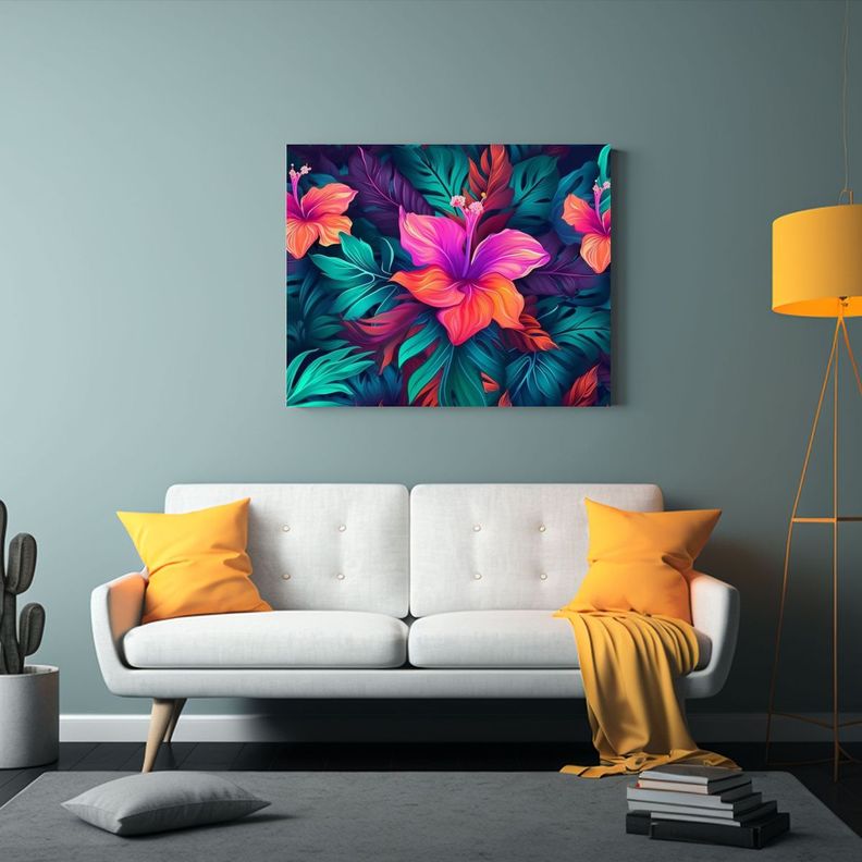 Cuadro De Tela Hermoso Con Esquema Tropical Y Flores 60x40cm-2