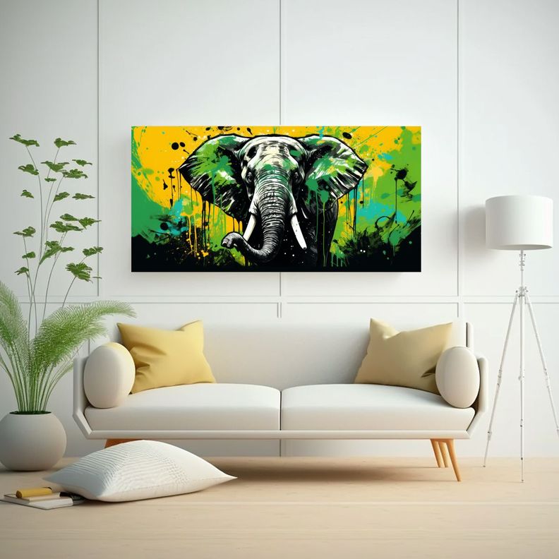 Pintura Decorativa: Elefante Asiático En Verde Y  60x30cm-2
