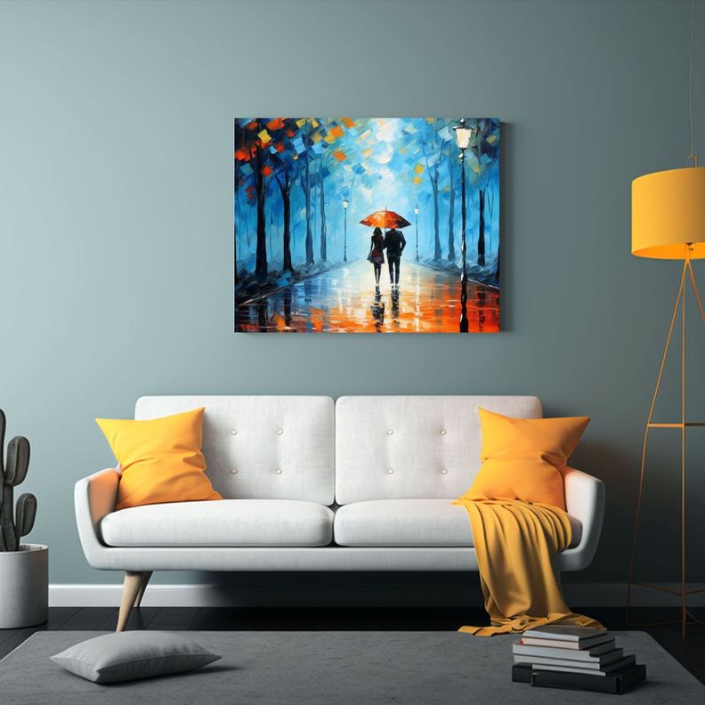 Pareja Con Paraguas Paseando Bajo La Lluvia En árbol. 75x50cm-2