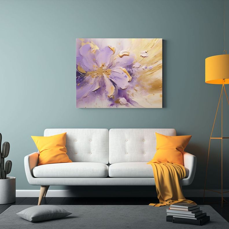 Pintura Al óleo Abstracta Dorada Lavanda Con Finas Líneas 50x40cm-2