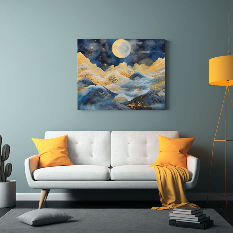 Pintura Al óleo Minimalista De Montaña, Nubes Y Luna En Li 30x20cm-2