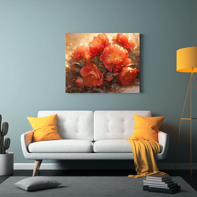 Cuadro De Flores Rojas Y Doradas En Lienzo Para Decoración. 75x50cm-2