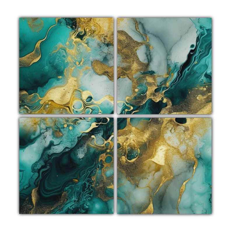 Cuatro Telas En Bastidor Dibujo Living Turquesa 100x100 Cm-0