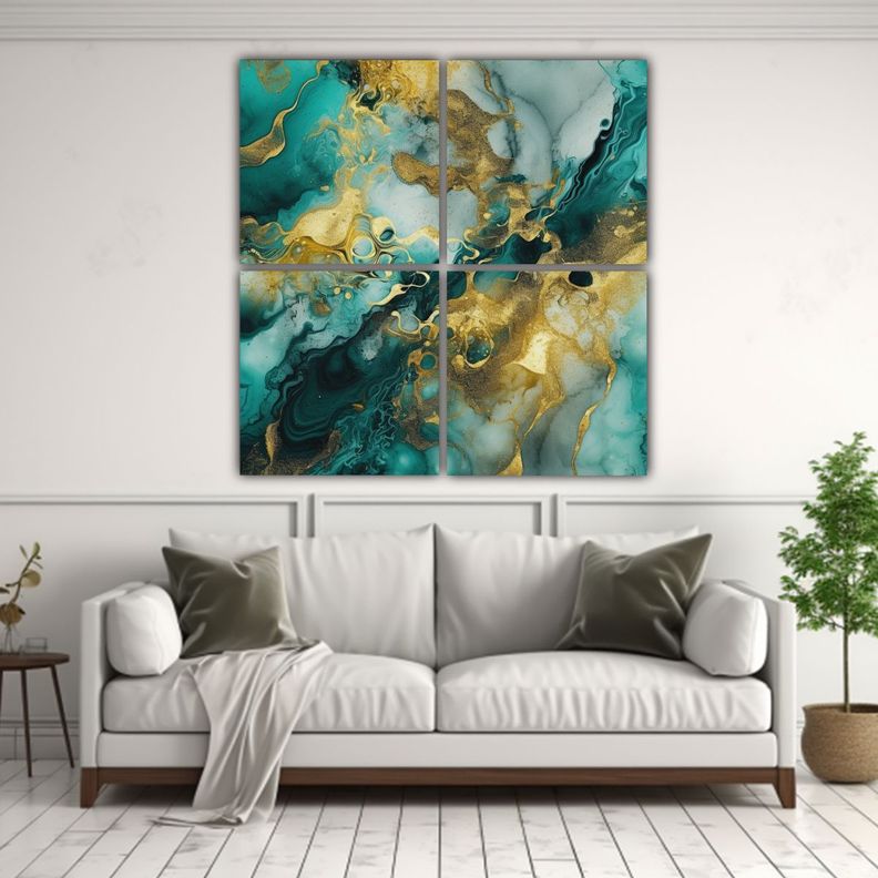 Cuatro Telas En Bastidor Dibujo Living Turquesa 100x100 Cm-2
