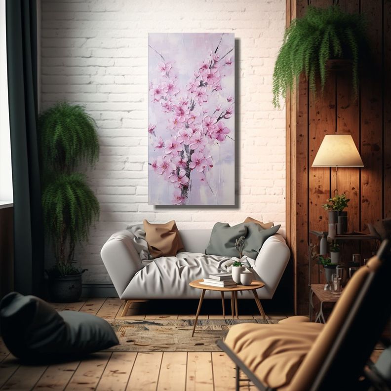 Cuadro Hermoso De Flores De Cerezo Rosa En Lienzo 60x120cm-2