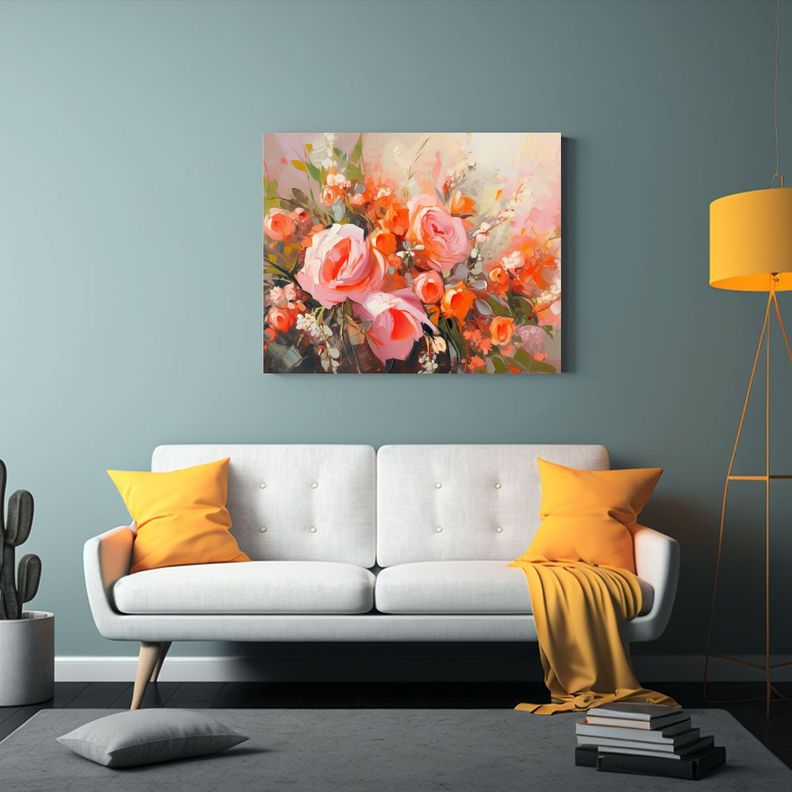 Cuadro De Flores En Naranja Y Rosa Sobre Lienzo Decoración  75x50cm-2