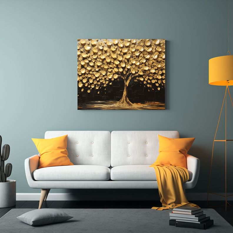 Pintura Al óleo 3D De árbol Dorado En Lienzo De Acuarela F 60x40cm-2