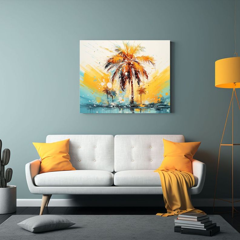 Cuadro Abstracto Acuarela Alegría Palmera Amarillo Y Turque 65x50cm-2