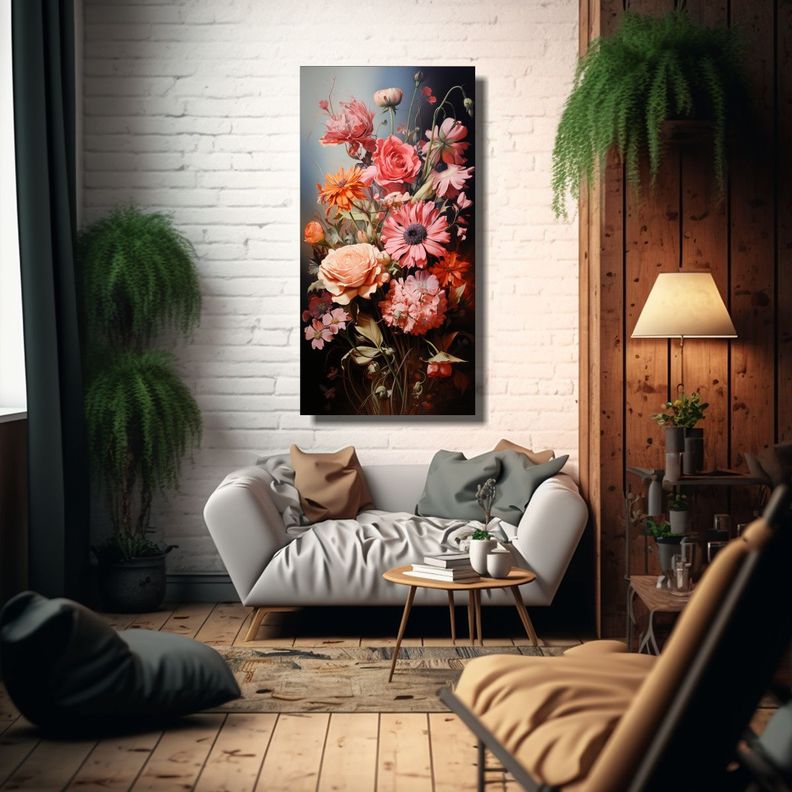 Bouquet De Flores Rosas Luminosas En Una Cuadro 70x140cm-2