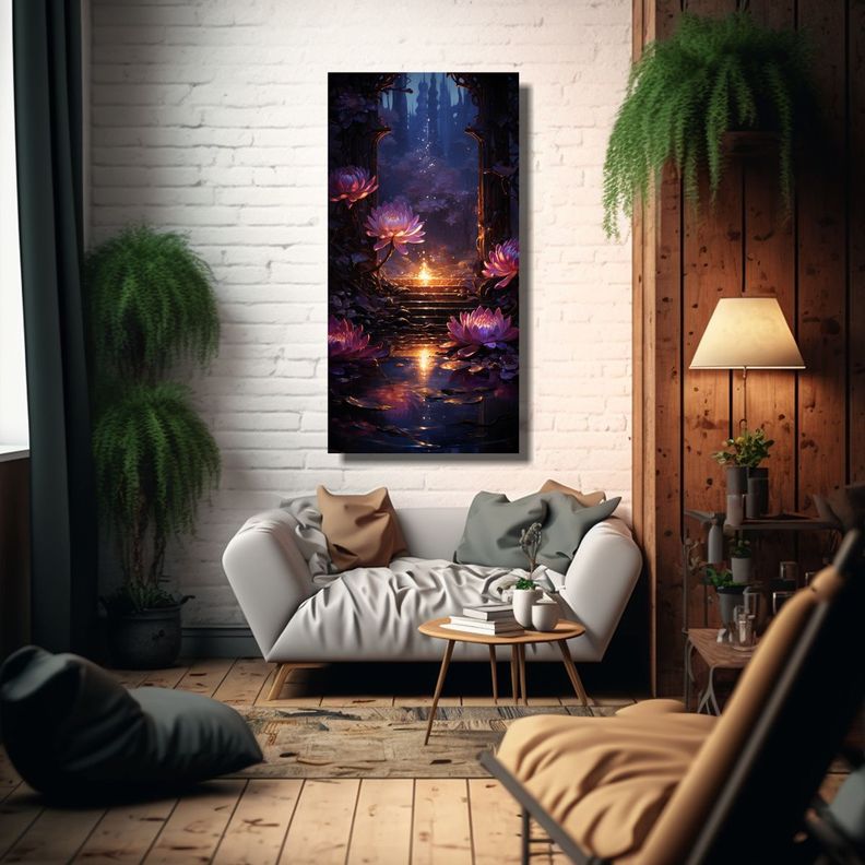 Cuadro Pintura Líneas Finas Detalle Loto Negro 40x80 Cm-2