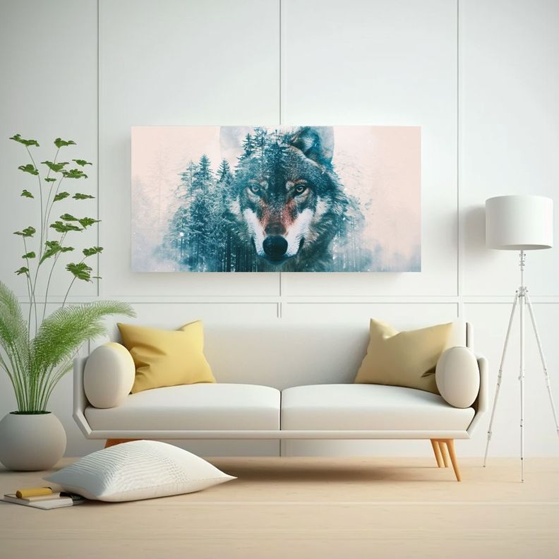 Dibujo Doble Exposición Lobo Bosque Invernal 80x40cm-2